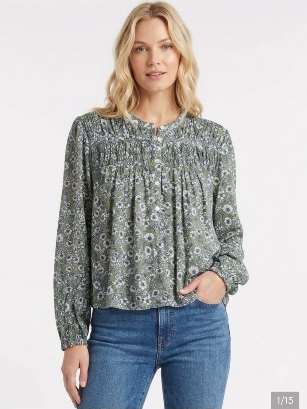 Veronica Beard Bonalie Floral Smocked Cotton Blouse - Medium